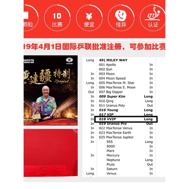 YINHE Huang Jianjiang VVIP 特別ロ - Table Tennis Rubber For Defensive Players のレビューと価格